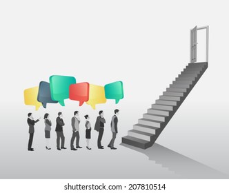 Business people in queue to climb stairs on grey background