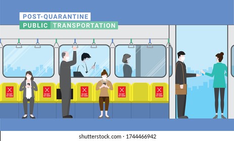 Business people queue for hand sanitizer checkpoint before train public transportation. New normal is social distancing wearing mask and sitting away. Protection after pandemic covid-19 corona virus. 