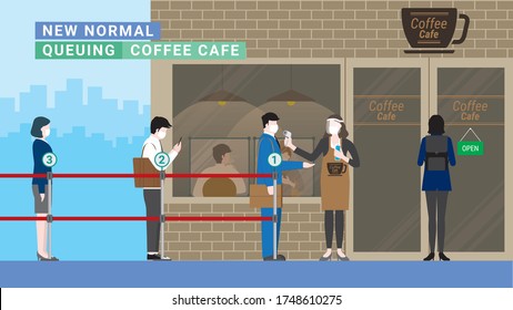 Business people in queue number for screening test before enter coffee cafe. Temperature and hand sanitizer checkpoint. Protection after pandemic covid-19 corona virus. New normal is social distancing