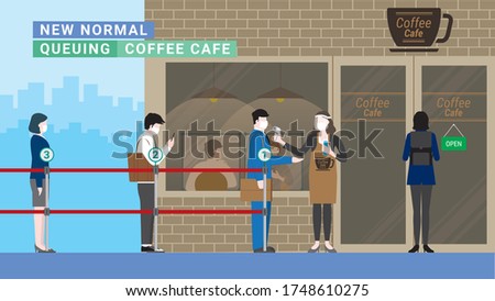 Business people in queue number for screening test before enter coffee cafe. Temperature and hand sanitizer checkpoint. Protection after pandemic covid-19 corona virus. New normal is social distancing