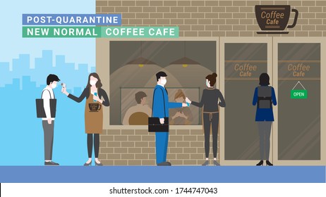 Business people queue for screening test before enter coffee shop. Temperature and hand sanitizer checkpoint. Protection after pandemic covid-19 corona virus. New normal is social distancing.
