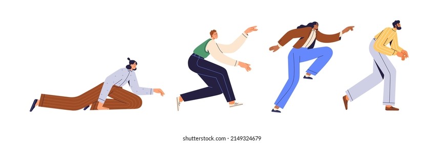Business people race. Leaders and losers concept. Men, women running, rushing, aspiring ahead to success, succeeding and failing on way. Flat graphic vector illustration isolated on white background