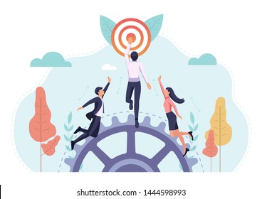 Business people race to reach the target first. Busienss target and competition cnocept.