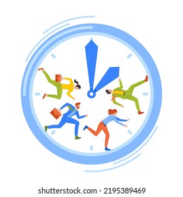 Business People Race, Time Management, Overwork Concept. Anxious Busy Businessmen and Businesswomen Run inside of Huge Clock. Deadline, Working Productivity. Cartoon Flat Vector Illustration