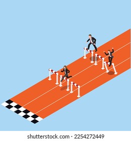 Business people racing jumping over obstacle 3d isometric vector illustration concept for banner, website, landing page, ads, flyer template