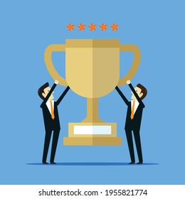 Business people raise success trophies with five star rating, Vector illustration in flat style
