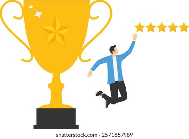 Business people raise success trophies with five star rating, Vector illustration in flat style

