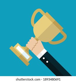 Business people raise a winning trophy, Vector illustration in flat style