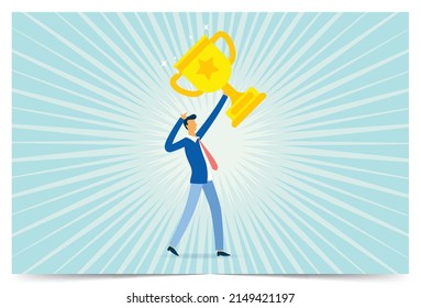 Business people raise a winning trophy, Vector illustration design