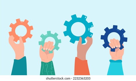Business people raising hands with gears. Group of office persons, colleagues holding cogwheel flat vector illustration. Teamwork, brainstorming, development concept for banner, website design