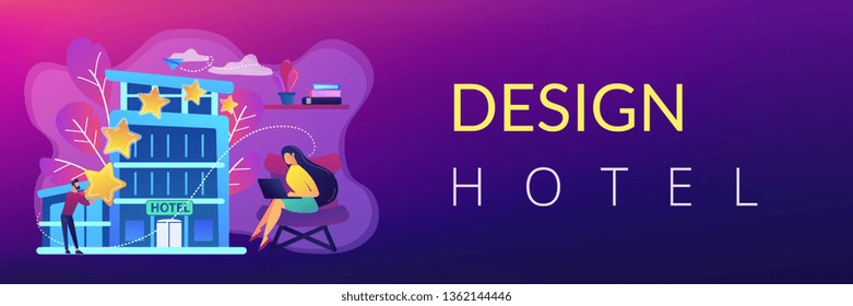 Business people with rating stars for design hotel architecture and interior. Design hotel, modern architecture, unique interior decoration concept. Header or footer banner template with copy space.