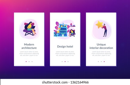 Personas de negocios con estrellas de alto nivel para el diseño de la arquitectura y el interior de los hoteles. Hotel de diseño, arquitectura moderna, concepto único de decoración interior. Plantilla de interfaz de usuario de usuario de Mobile UX GUI, wireframe de interfaz de aplicación