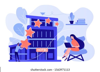 Business people with rating stars for design hotel architecture and interior. Design hotel, modern architecture, unique interior decoration concept. Pinkish coral bluevector isolated illustration