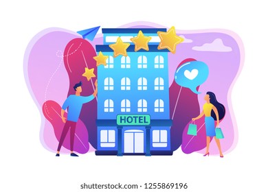 Los huéspedes en viaje de negocios apreciarán la ventaja de contar con un elegante hotel boutique. Hotel boutique, servicio ultramoderno, concepto residencial de gama alta. Ilustración aislada del vector violeta brillante brillante brillante brillante