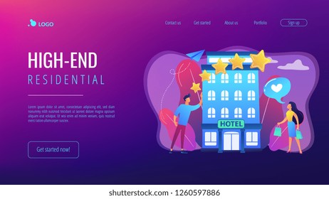 Business People With Rating Stars Like The Stylish Boutique Hotel. Boutique Hotel, Ultra-personalized Service, High-end Residential Concept. Website Vibrant Violet Landing Web Page Template.