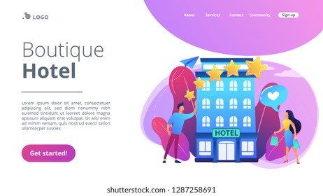 Business People With Rating Stars Like The Stylish Boutique Hotel. Boutique Hotel, Ultra-personalized Service, High-end Residential Concept. Website Vibrant Violet Landing Web Page Template.