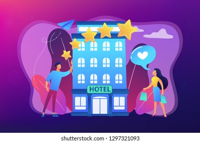 Business people with rating stars like the stylish boutique hotel. Boutique hotel, ultra-personalized service, high-end residential concept. Bright vibrant violet vector isolated illustration