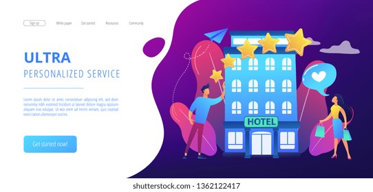 Business People With Rating Stars Like The Stylish Boutique Hotel. Boutique Hotel, Ultra-personalized Service, High-end Residential Concept. Website Vibrant Violet Landing Web Page Template.