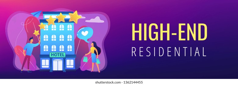 Business People With Rating Stars Like The Stylish Boutique Hotel. Boutique Hotel, Ultra-personalized Service, High-end Residential Concept. Header Or Footer Banner Template With Copy Space.