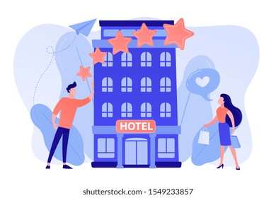 Business People With Rating Stars Like The Stylish Boutique Hotel. Boutique Hotel, Ultra-personalized Service, High-end Residential Concept. Pinkish Coral Bluevector Isolated Illustration