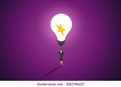 Business people reach successful goals with creative business ideas. Business man under star in lightbulb. isometric vector illustration.