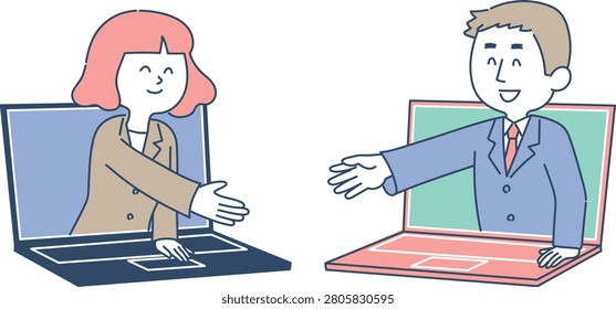 Business People Reaching Out Through Laptop Screen Set Male and Female