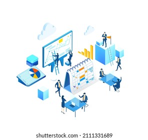 Los empresarios leen gráficos, analizan datos, toman decisiones, desarrollan y mejoran el proceso de trabajo. Isometric infographic.