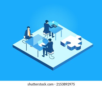  Business people reading graphs, analysing data, make decisions, developing and improving working process. Isometric infographic illustration.