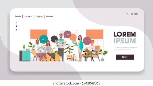 business people reading newspapers and discussing daily news together chat bubble communication mass media concept horizontal full length copy space vector illustration