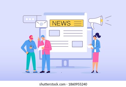 Business people reading Online Breaking News in Modern electronic devices. Online Breaking News concept isolated on purple. Flat line Art Vector Illustration