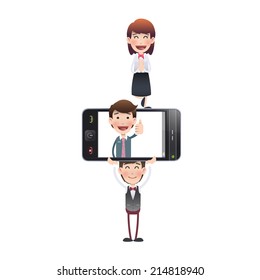 Business people with realistic phone over white background 