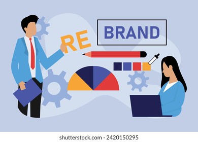 Business people rebranding as marketing strategy, change of brand identity 2d vector illustration