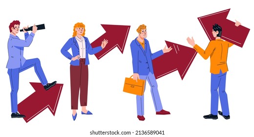 Business people with red arrows as a metaphor for choosing a goal and career development direction. Personal and career growth, choice of business strategy, flat vector illustration isolated.