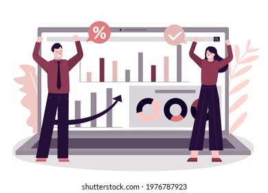 Business people rejoice at increase in statistics in company. Various graphs and diagrams on laptop screen. Colleagues rejoice at success in work. Successful business concept. Flat vector illustration