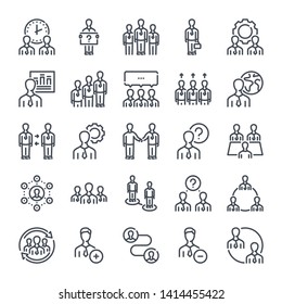 Business people related line icon set. Meeting and appointment linear icons. Business management outline vector sign collection.