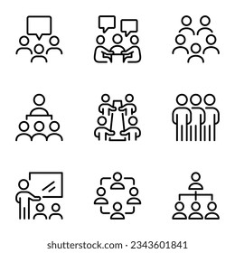 Set mit Vektorgrafik-Symbolen für Geschäftsleute. Organisation, Partnerschaft, Mitarbeiter, Zusammenarbeiten, Zusammenarbeit, Führungspersonal, Leitung, Leitung, Leitung, Leitung, Leitung, Leitung, Zusammenarbeit, Zusammenarbeit, Diskussion, Management, Teamwork