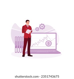 Los profesionales revisan los documentos utilizando el equipo. Empresario con un portátil que sigue el crecimiento del comercio. Ilustración plana vectorial moderna de tendencia