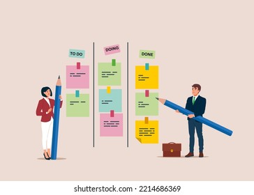 Business people review project progress on kanban board. Todo list, in progress task and finished one, project management or planning for production. Flat vector illustration. 