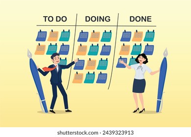 Business people review project progress on kanban board, review work progress on kanban board, todo list, in progress task and finished one, project management or planning for production (Vector)