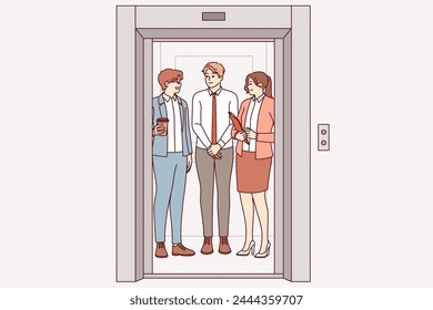 Business people ride in elevator together, going up to another department of corporation or making partner visit. Men and women working as clerks meet in elevator, showing joy at sight of colleagues