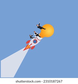 Business people riding flying bright lightbulb lamp with rocket booster isometric 3d vector illustration concept for banner, website, illustration, landing page, flyer, etc.