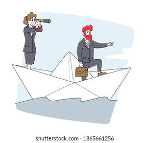 Business People Riding Ship On Sea Waves. Businesspeople Team On Paper Boat Sailing Toward Profit. Characters Floating With Spyglass Sail. Team Work, Leadership Concept. Linear Vector Illustration