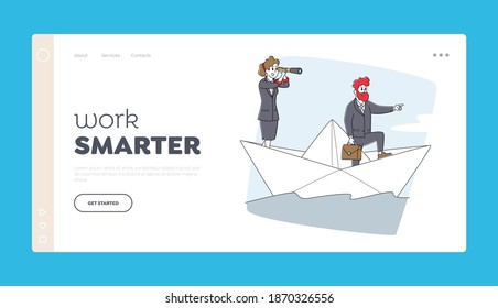 Business People Riding Ship On Sea Waves Landing Page Template. Businesspeople On Paper Boat Sailing. Characters Floating With Spyglass Sail. Team Work, Leadership Concept. Linear Vector Illustration