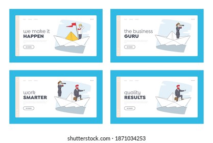 Business People Riding Ship In Sea Landing Page Template Set. Businesspeople On Paper Boat Sailing. Characters Floating With Spyglass Sail. Team Work, Leadership Concept. Linear Vector Illustration