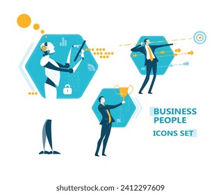 Business people and robot in actions,  working, researching, analysing, developing, achieving, job positions, scientists and managers. Set of icons, flat style