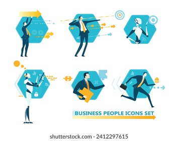 Business people and robot in actions,  working, researching, analysing, developing, achieving, job positions, scientists and managers. Set of icons, flat style