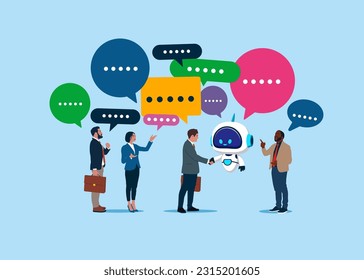 Business people and robot  discussing work in meeting with speech bubbles. Discussion, conversation, meeting, team communication, opinion. Flat vector illustration.