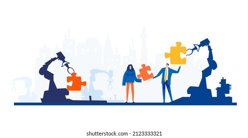 Business people and robot, people working with artificial intelligence, robots help people. 