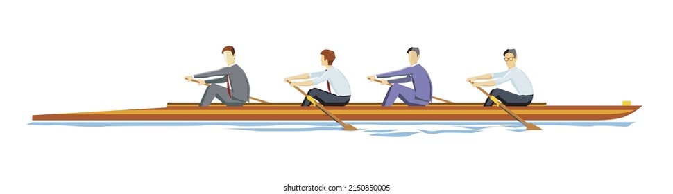 Business People Rowing Together In Boat, Illustration Isolated