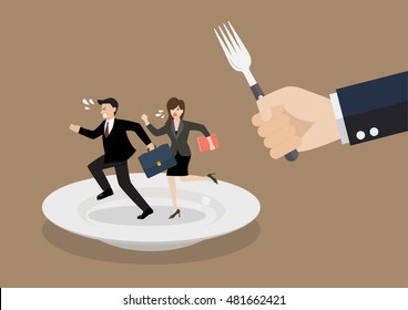 Business people run away from big hungry man. Business concept